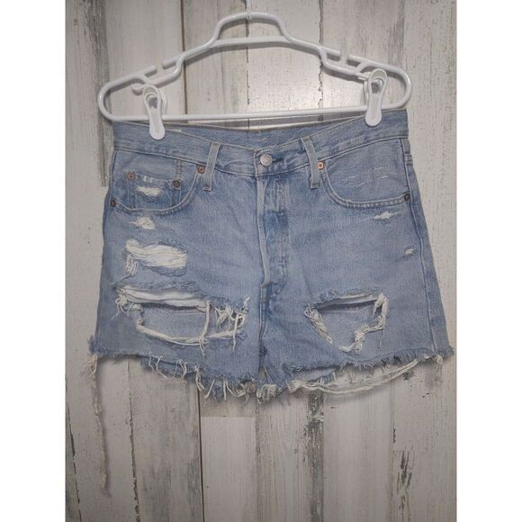 Levi's 501 High Rise Frayed Jean Shorts Size W28 Destroyed Blue Premium … - Picture 1 of 3